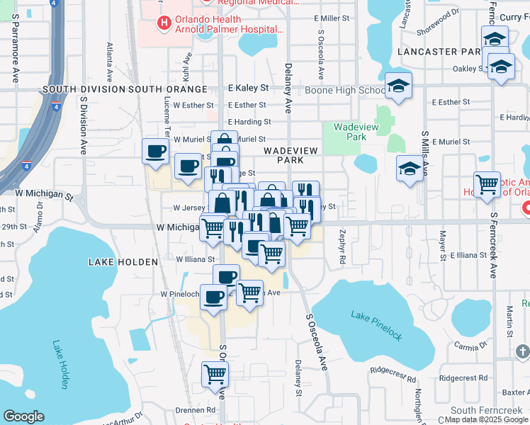 map of restaurants, bars, coffee shops, grocery stores, and more near 306 East Jersey Street in Orlando