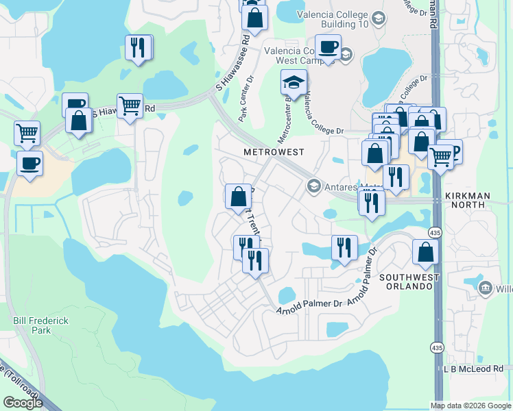 map of restaurants, bars, coffee shops, grocery stores, and more near 2674 Robert Trent Jones Drive in Orlando