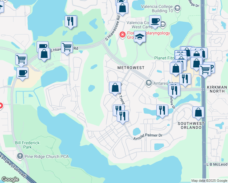 map of restaurants, bars, coffee shops, grocery stores, and more near 2674 Robert Trent Jones Drive in Orlando