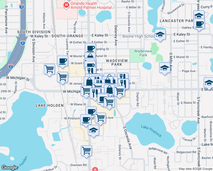 map of restaurants, bars, coffee shops, grocery stores, and more near 306 East Jersey Street in Orlando