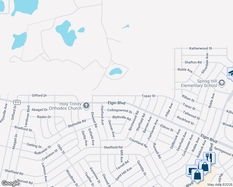 map of restaurants, bars, coffee shops, grocery stores, and more near 11321 Topaz Street in Spring Hill