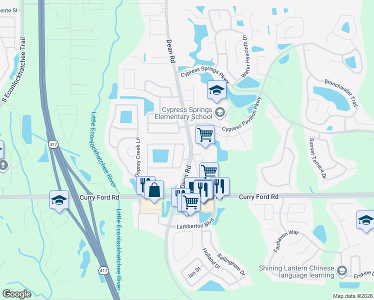map of restaurants, bars, coffee shops, grocery stores, and more near 10373 Cypress Knee Circle in Orlando