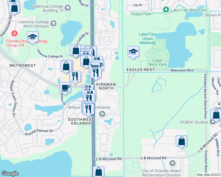 map of restaurants, bars, coffee shops, grocery stores, and more near 5506 Metrowest Boulevard in Orlando