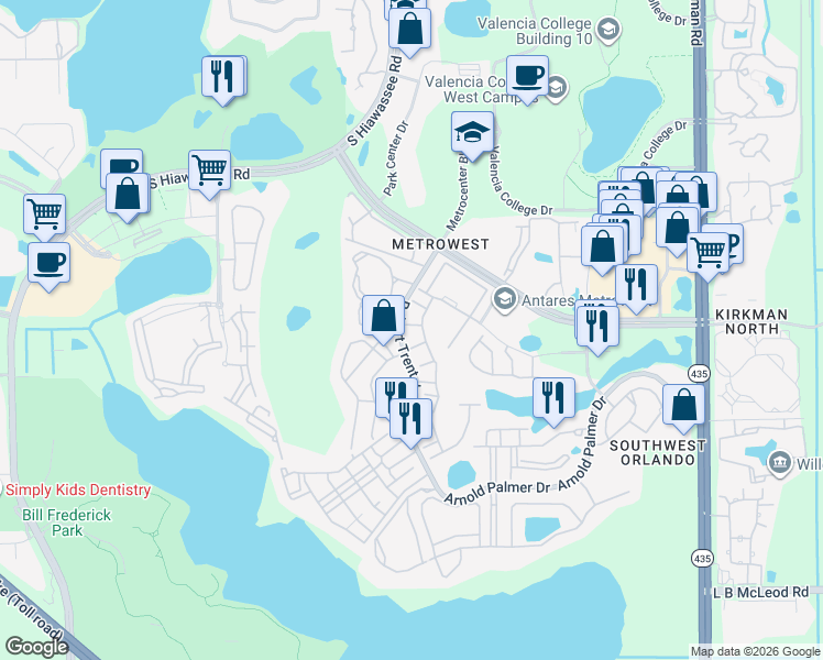 map of restaurants, bars, coffee shops, grocery stores, and more near 2674 Robert Trent Jones Drive in Orlando