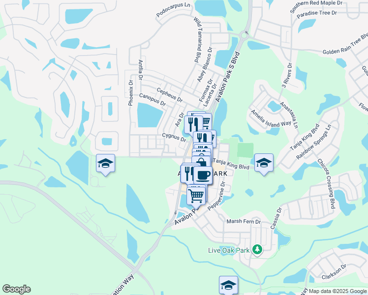 map of restaurants, bars, coffee shops, grocery stores, and more near 12881 Tanja King Boulevard in Orlando