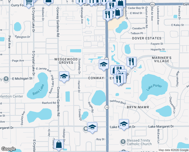map of restaurants, bars, coffee shops, grocery stores, and more near 4213 East Michigan Street in Orlando