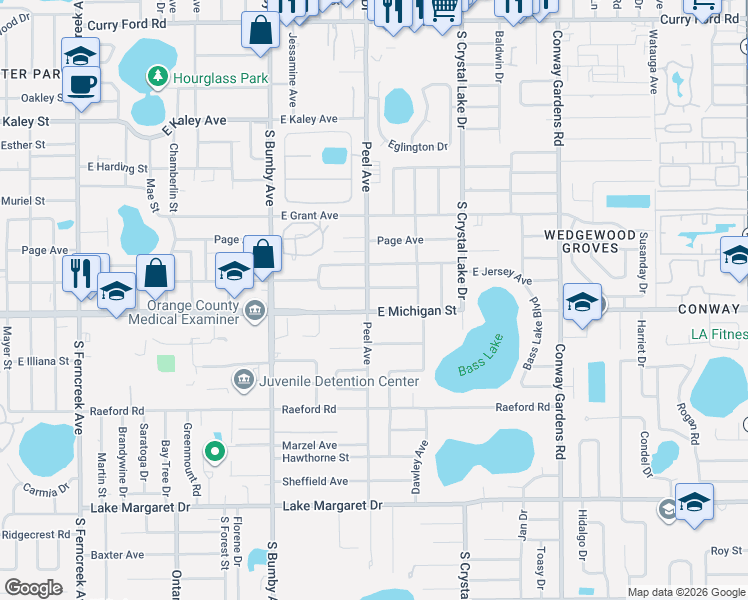 map of restaurants, bars, coffee shops, grocery stores, and more near 2823 East Michigan Street in Orlando
