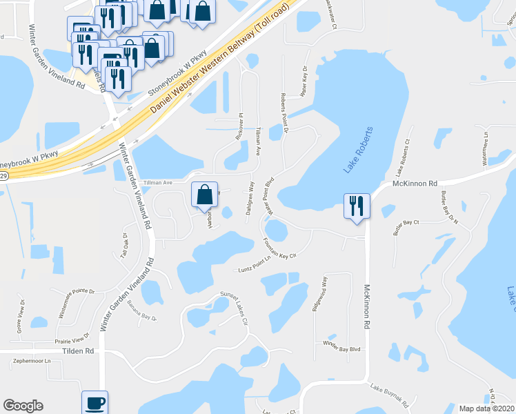 map of restaurants, bars, coffee shops, grocery stores, and more near 12906 Water Point Boulevard in Windermere