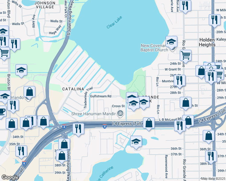 map of restaurants, bars, coffee shops, grocery stores, and more near 2805 Gulfstream Court in Orlando
