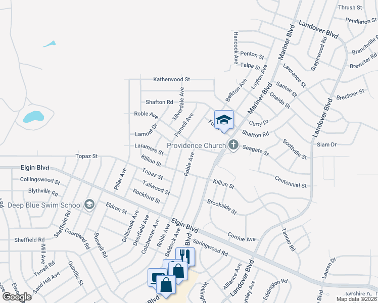 map of restaurants, bars, coffee shops, grocery stores, and more near 5501 Roble Avenue in Spring Hill
