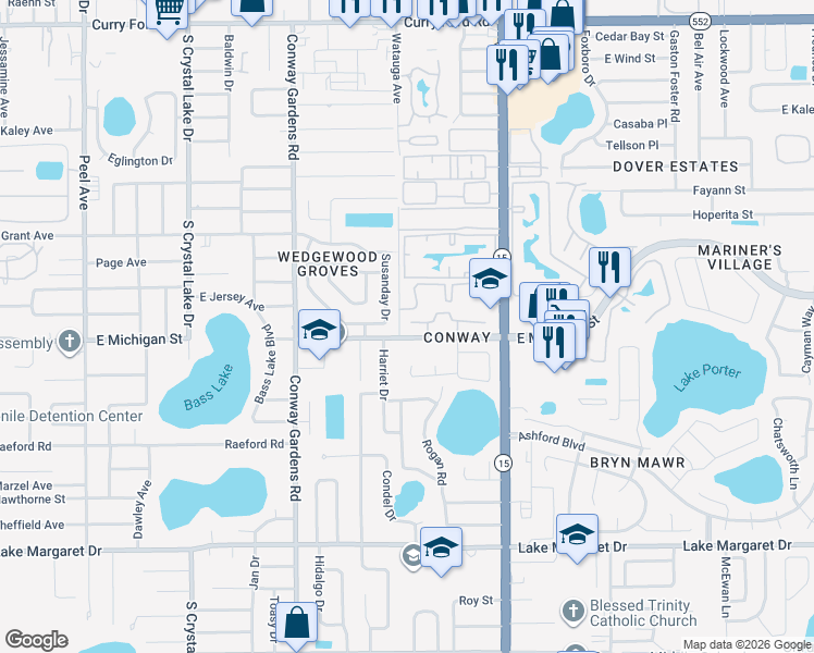map of restaurants, bars, coffee shops, grocery stores, and more near 4083 East Michigan Street in Orlando