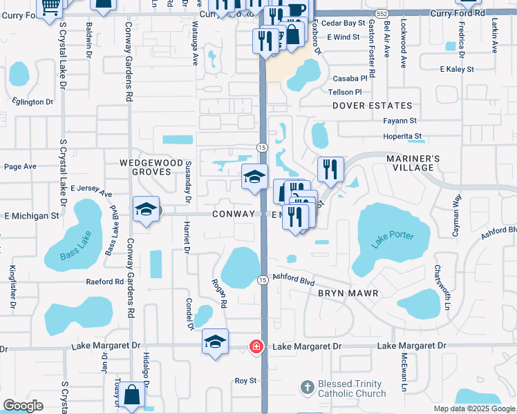 map of restaurants, bars, coffee shops, grocery stores, and more near 4383 East Michigan Street in Orlando