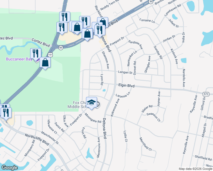 map of restaurants, bars, coffee shops, grocery stores, and more near 5454 Hornaway Avenue in Spring Hill