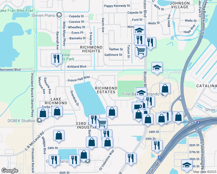 map of restaurants, bars, coffee shops, grocery stores, and more near 4308 Prince Hall Boulevard in Orlando