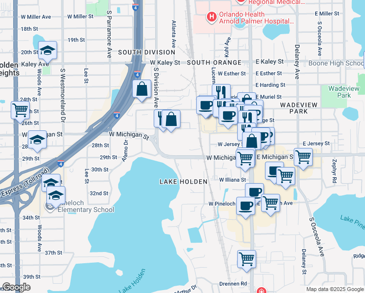 map of restaurants, bars, coffee shops, grocery stores, and more near 397 West Michigan Street in Orlando