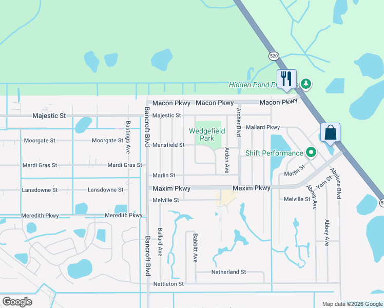 map of restaurants, bars, coffee shops, grocery stores, and more near 2318 Babbitt Avenue in Orlando