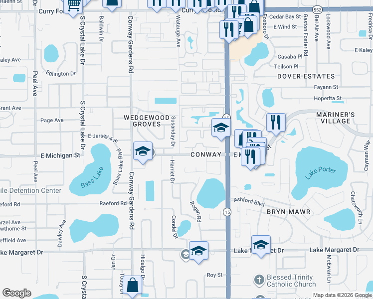 map of restaurants, bars, coffee shops, grocery stores, and more near 4083 East Michigan Street in Orlando