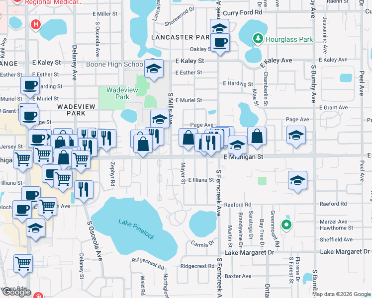 map of restaurants, bars, coffee shops, grocery stores, and more near 1209 East Michigan Street in Orlando