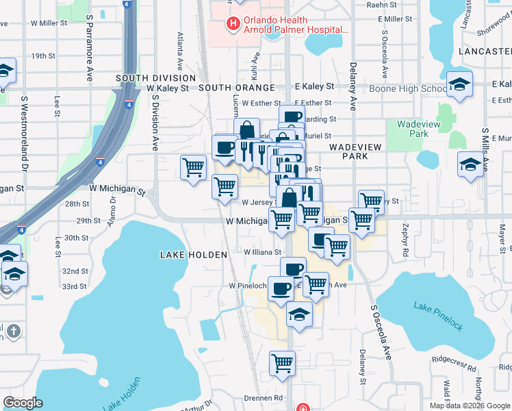 map of restaurants, bars, coffee shops, grocery stores, and more near 38 West Jersey Street in Orlando
