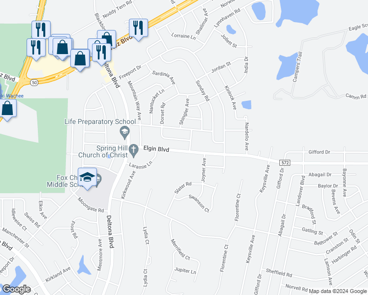 map of restaurants, bars, coffee shops, grocery stores, and more near 10117 Elgin Boulevard in Spring Hill