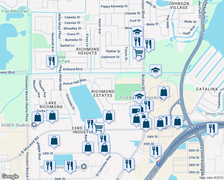 map of restaurants, bars, coffee shops, grocery stores, and more near 2711 John Bruce Avenue in Orlando