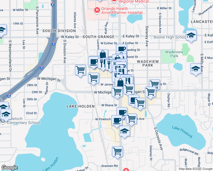 map of restaurants, bars, coffee shops, grocery stores, and more near 38 West Jersey Street in Orlando