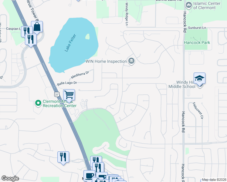map of restaurants, bars, coffee shops, grocery stores, and more near 2115 Cardigan Dr in Clermont