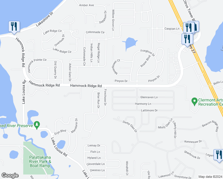 map of restaurants, bars, coffee shops, grocery stores, and more near 1352 Lattimore Drive in Clermont