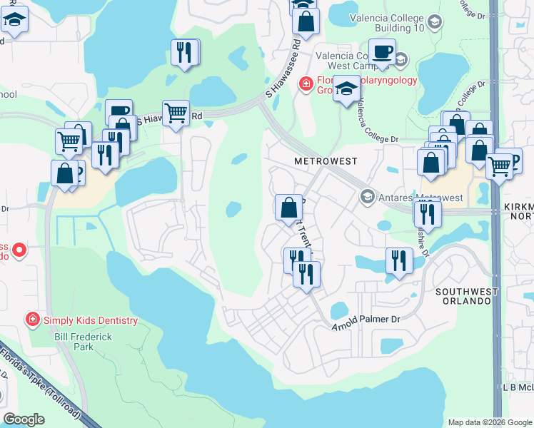 map of restaurants, bars, coffee shops, grocery stores, and more near 2600 Robert Trent Jones Drive in Orlando
