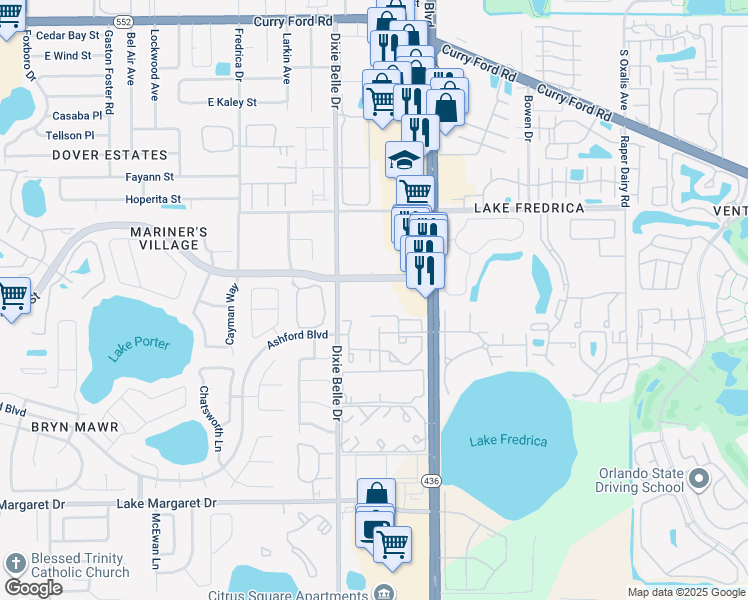 map of restaurants, bars, coffee shops, grocery stores, and more near 5550 East Michigan Street in Orlando