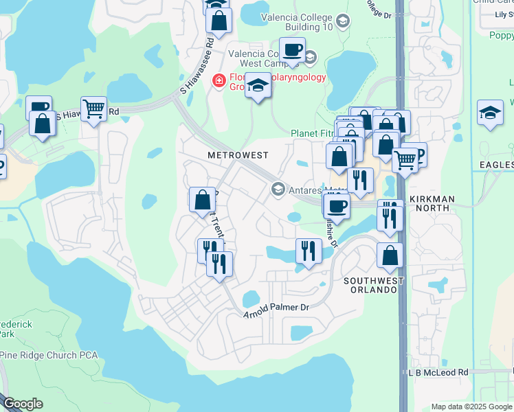 map of restaurants, bars, coffee shops, grocery stores, and more near 2525 San Tecla Street in Orlando