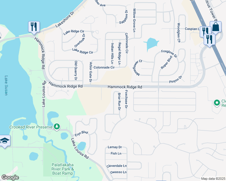 map of restaurants, bars, coffee shops, grocery stores, and more near 3680 Briar Run Drive in Clermont