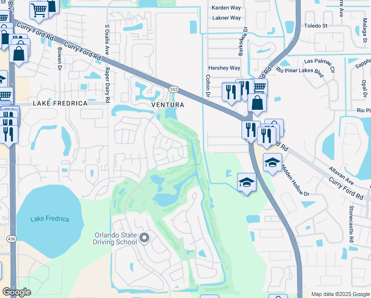 map of restaurants, bars, coffee shops, grocery stores, and more near 2877 Autumn Green Drive in Orlando