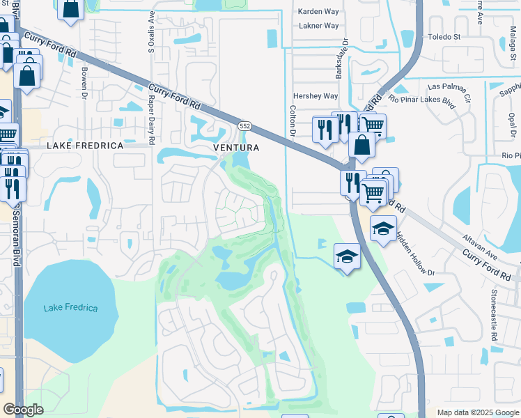 map of restaurants, bars, coffee shops, grocery stores, and more near 2877 Autumn Green Drive in Orlando