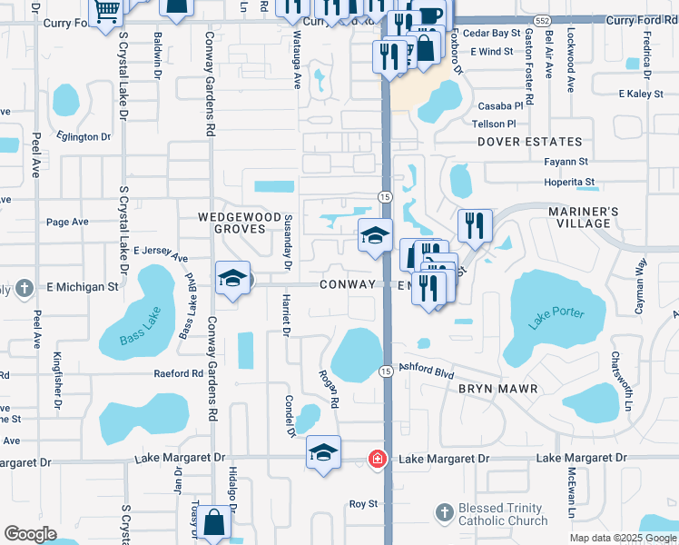 map of restaurants, bars, coffee shops, grocery stores, and more near 4201 East Michigan Street in Orlando