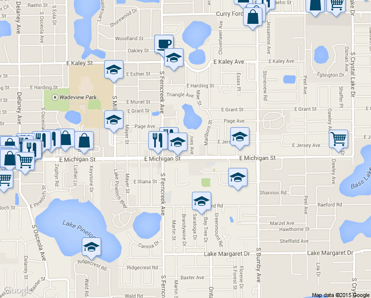 map of restaurants, bars, coffee shops, grocery stores, and more near 1703 East Michigan Street in Orlando