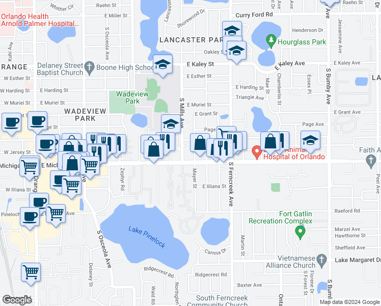 map of restaurants, bars, coffee shops, grocery stores, and more near 1209 East Michigan Street in Orlando