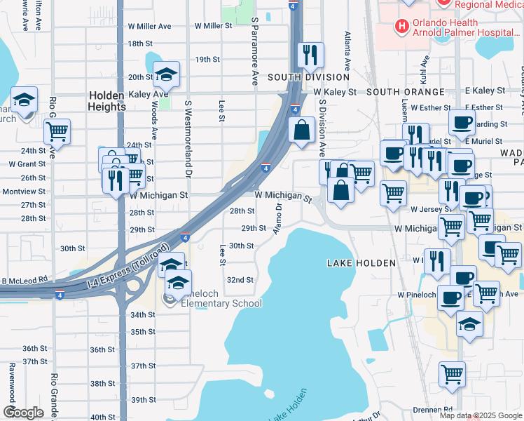map of restaurants, bars, coffee shops, grocery stores, and more near 2727 Uintah Avenue in Orlando