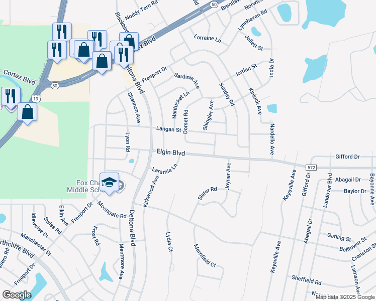 map of restaurants, bars, coffee shops, grocery stores, and more near 10045 Elgin Boulevard in Spring Hill