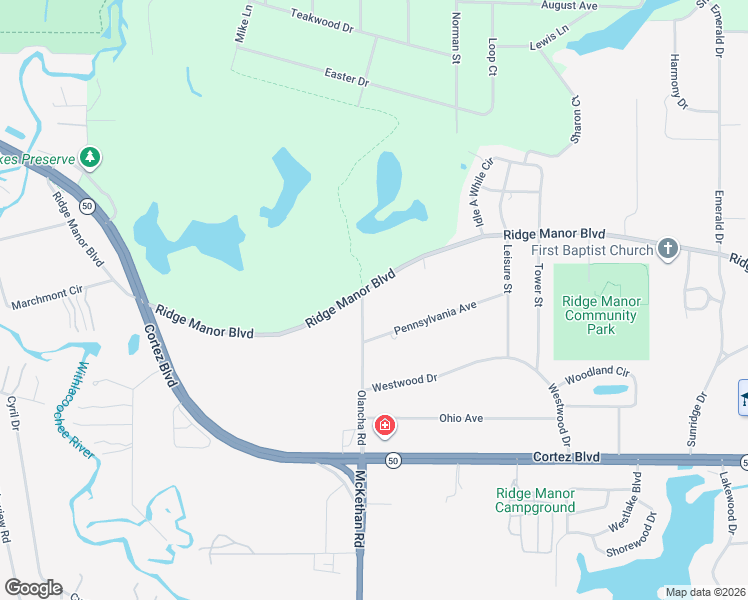 map of restaurants, bars, coffee shops, grocery stores, and more near 5368 Olancha Road in Ridge Manor