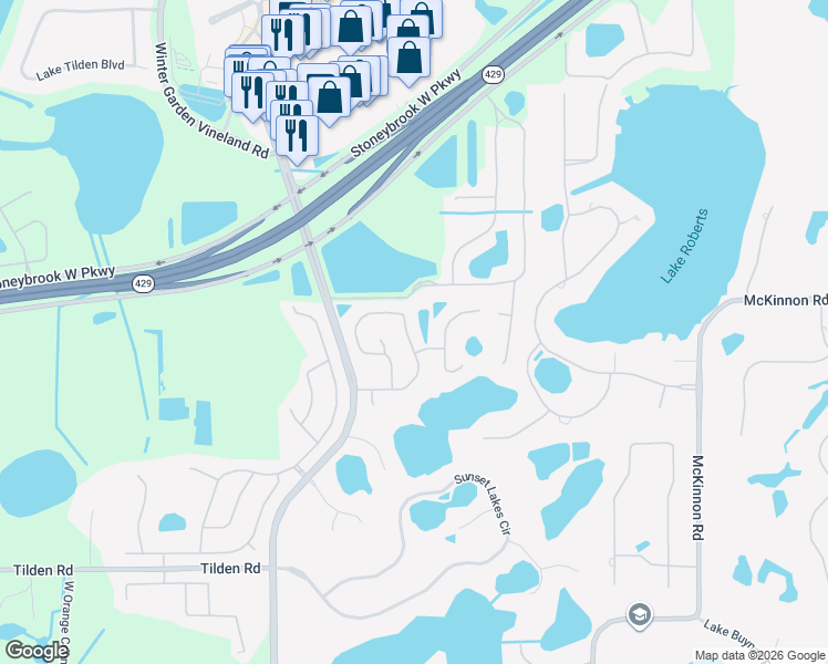 map of restaurants, bars, coffee shops, grocery stores, and more near 13168 Lakeshore Grove Drive in Winter Garden