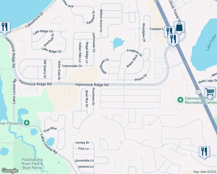 map of restaurants, bars, coffee shops, grocery stores, and more near 1373 Lattimore Drive in Clermont