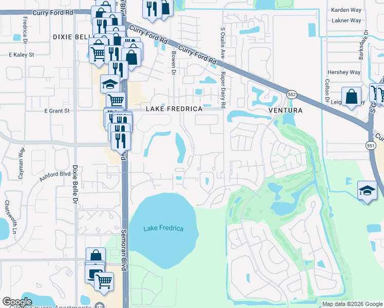 map of restaurants, bars, coffee shops, grocery stores, and more near 2980 Oak Park Way in Orlando
