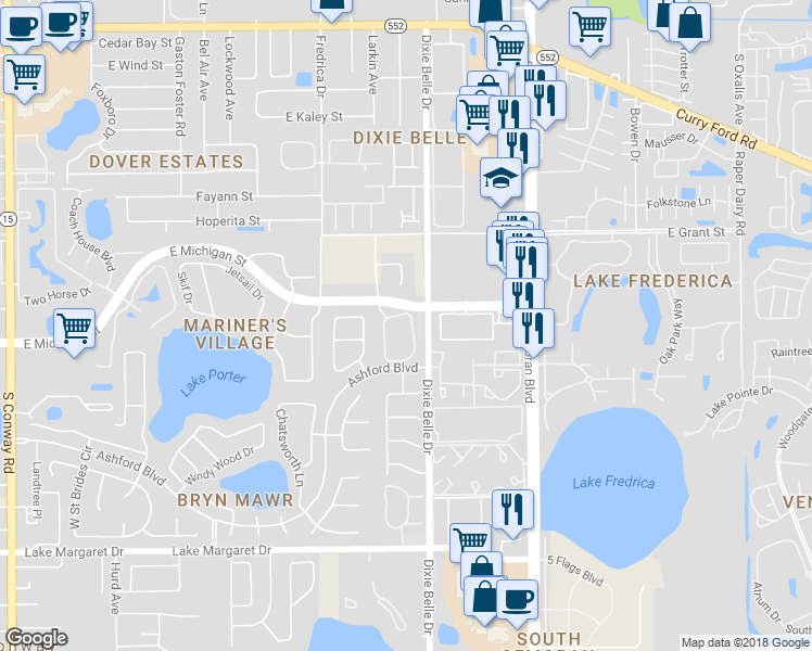 map of restaurants, bars, coffee shops, grocery stores, and more near 5444 East Michigan Street in Orlando