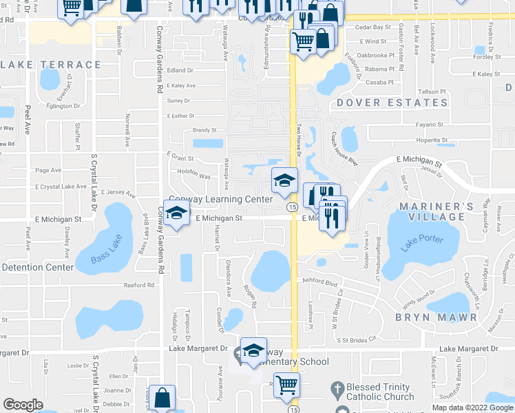 map of restaurants, bars, coffee shops, grocery stores, and more near 4201 East Michigan Street in Orlando