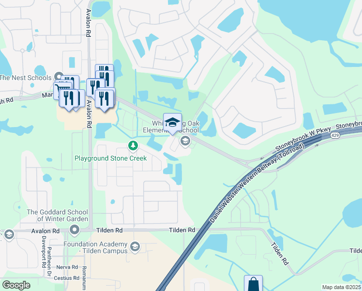 map of restaurants, bars, coffee shops, grocery stores, and more near 15300 Stoneybrook West Parkway in Winter Garden