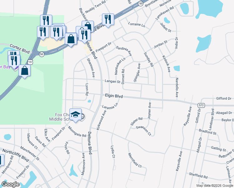 map of restaurants, bars, coffee shops, grocery stores, and more near 10029 Elgin Boulevard in Spring Hill
