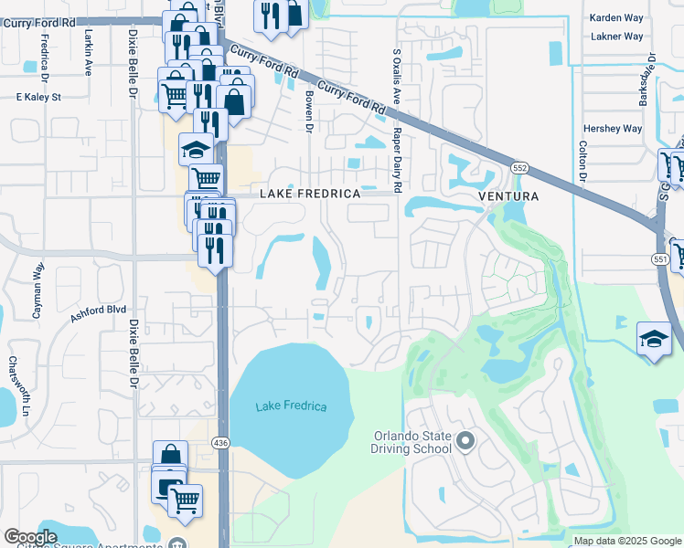 map of restaurants, bars, coffee shops, grocery stores, and more near 2980 Oak Park Way in Orlando