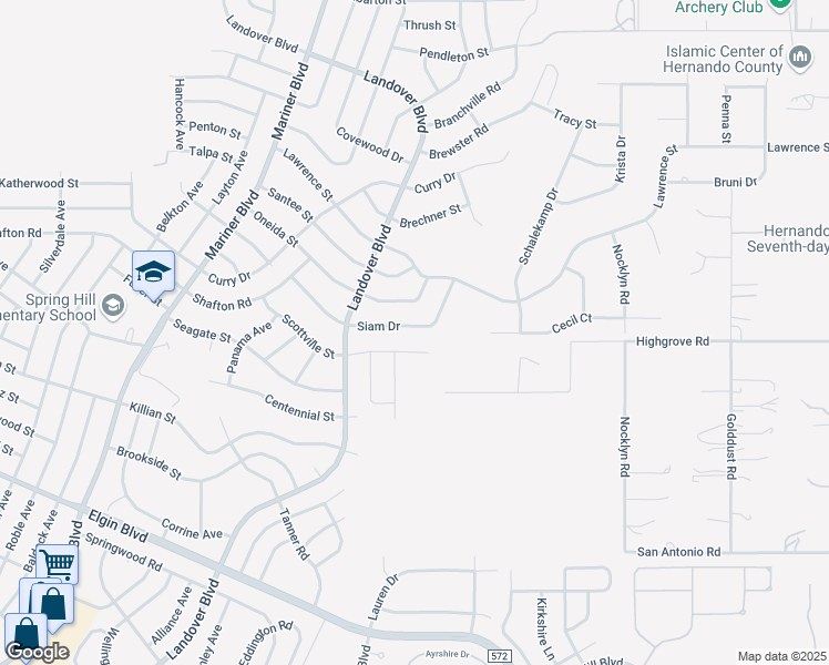 map of restaurants, bars, coffee shops, grocery stores, and more near 13176 Siam Drive in Spring Hill