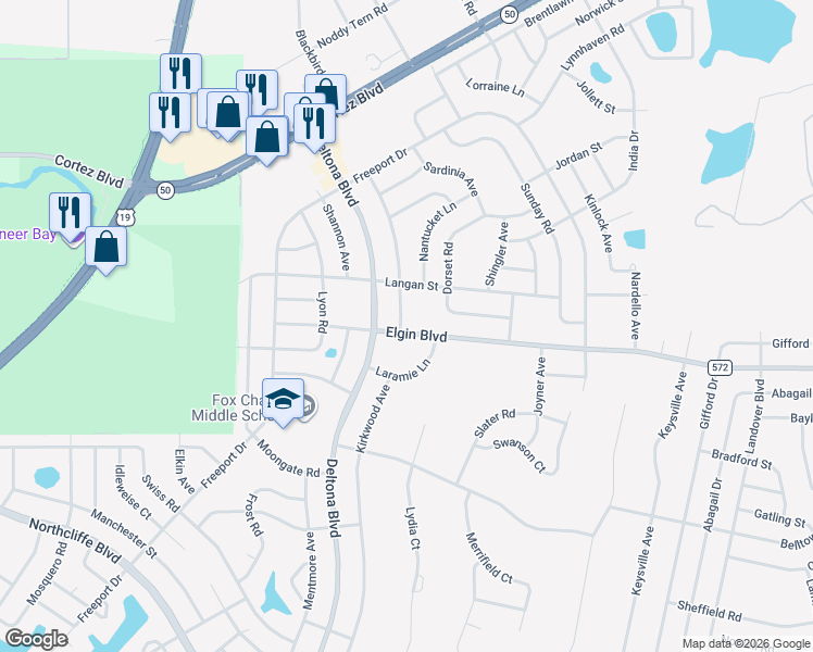 map of restaurants, bars, coffee shops, grocery stores, and more near 10029 Elgin Boulevard in Spring Hill